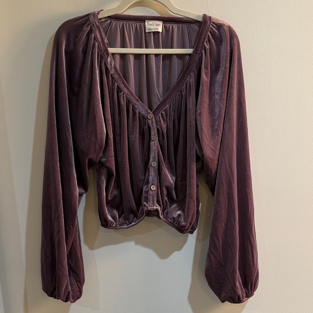 Women’s Boho Peach Love Bell Sleeve Velvet Shimmer Blouse Sz S/M